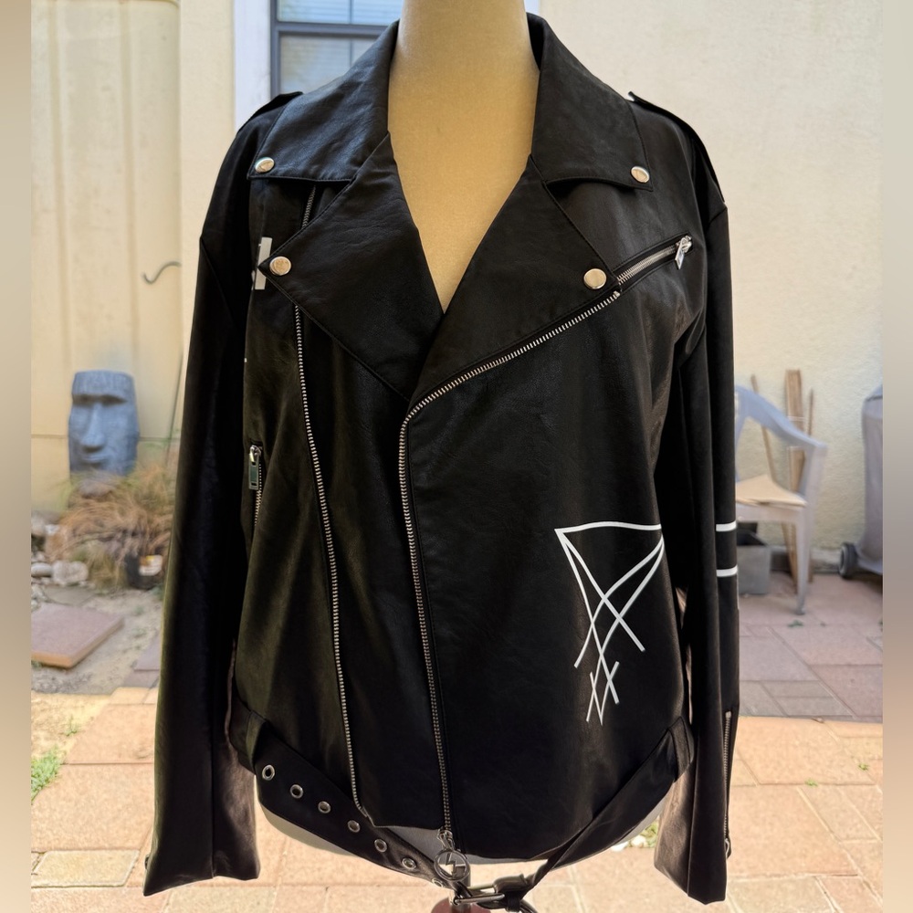 Dolls Kill X Marilyn Manson Collab Faux Moto Jacket Print Graphic Zip Coat Metal